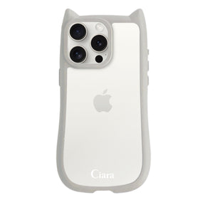 iPhone15ProMax ネコミミグリップ 耐衝撃クリアケース ロゴ グレー