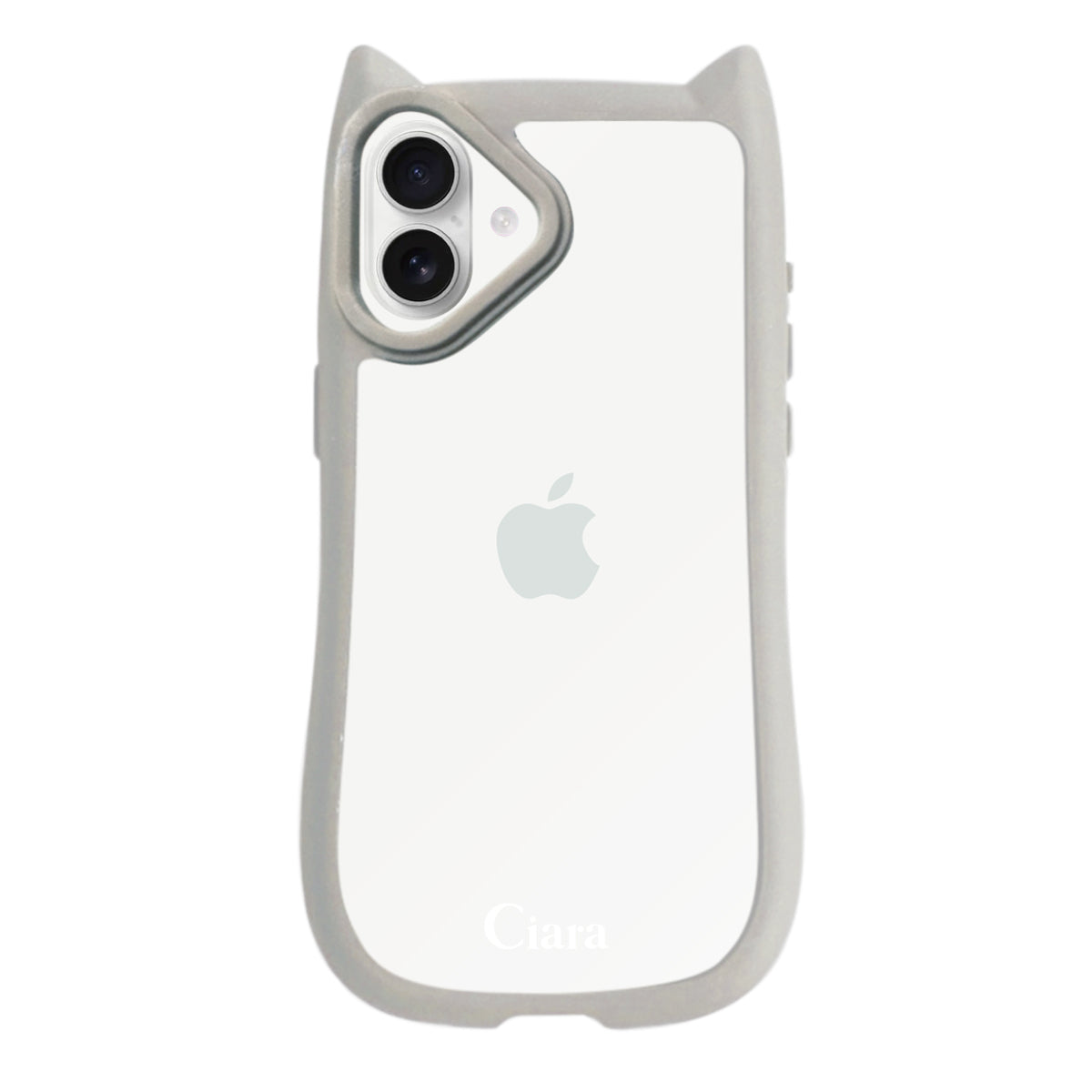 iPhone16 ネコミミグリップ 耐衝撃クリアケース ロゴ グレー