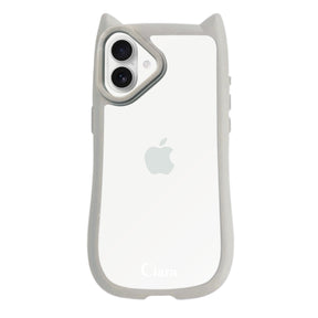 iPhone16 ネコミミグリップ 耐衝撃クリアケース ロゴ グレー