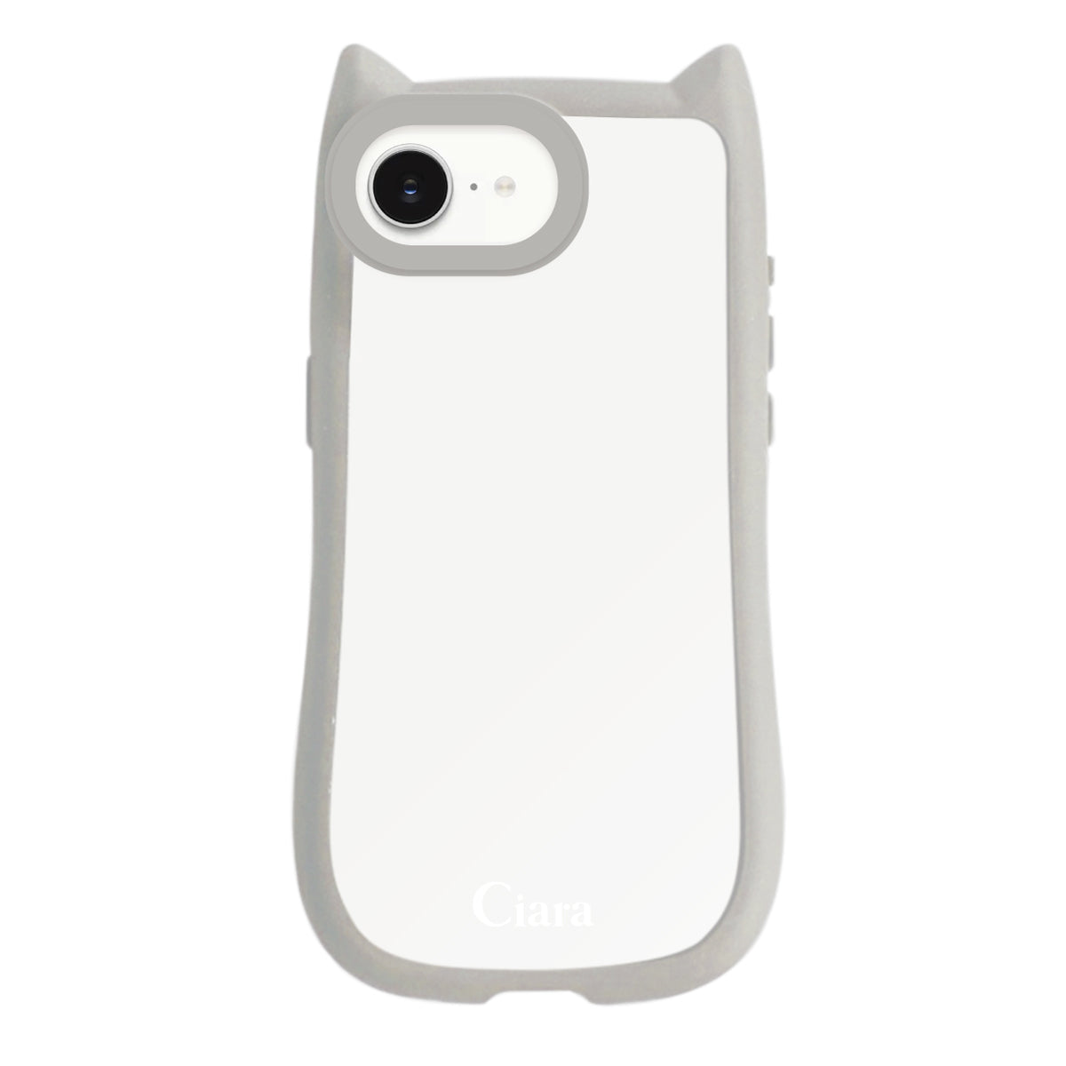 iPhone17e/16e ネコミミグリップ 耐衝撃クリアケース ロゴ グレー