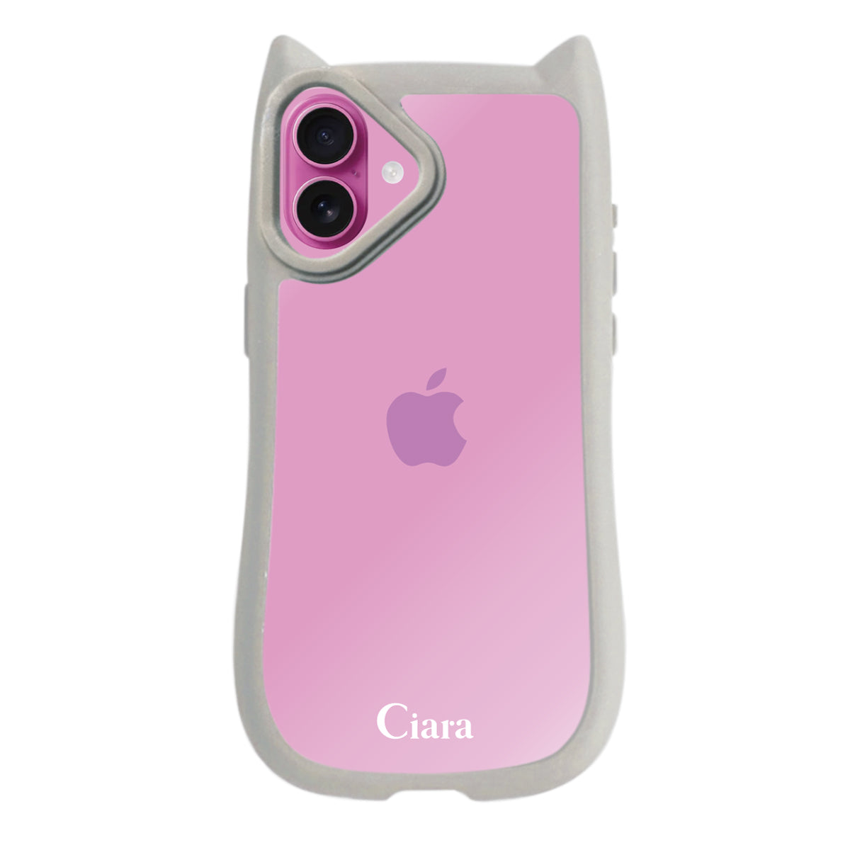 iPhone16Plus ネコミミグリップ 耐衝撃クリアケース ロゴ グレー
