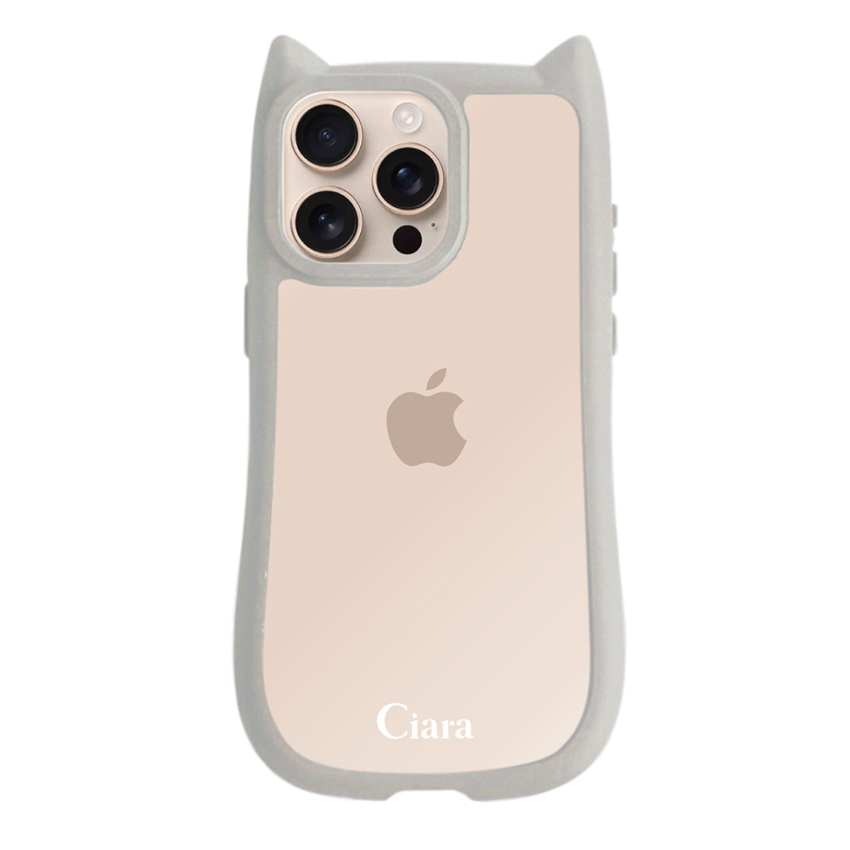 iPhone16Pro ネコミミグリップ 耐衝撃クリアケース ロゴ グレー