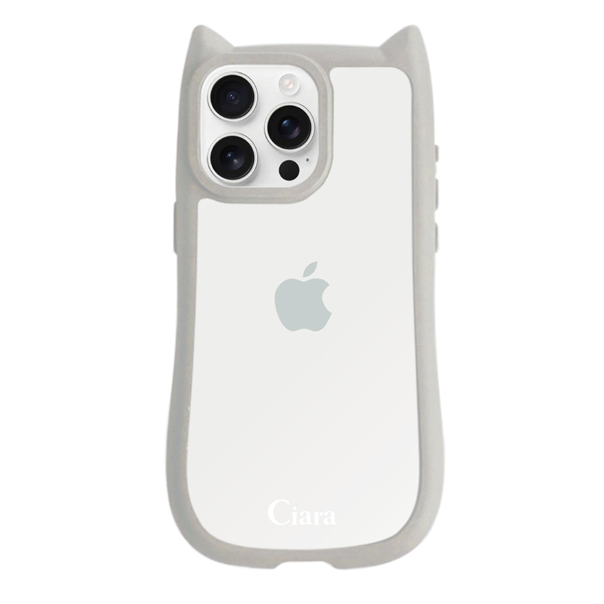iPhone16ProMax ネコミミグリップ 耐衝撃クリアケース ロゴ グレー