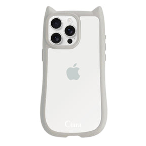 iPhone16ProMax ネコミミグリップ 耐衝撃クリアケース ロゴ グレー