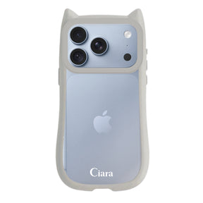 iPhone18Pro/17Pro ネコミミグリップ 耐衝撃クリアケース ロゴ グレー