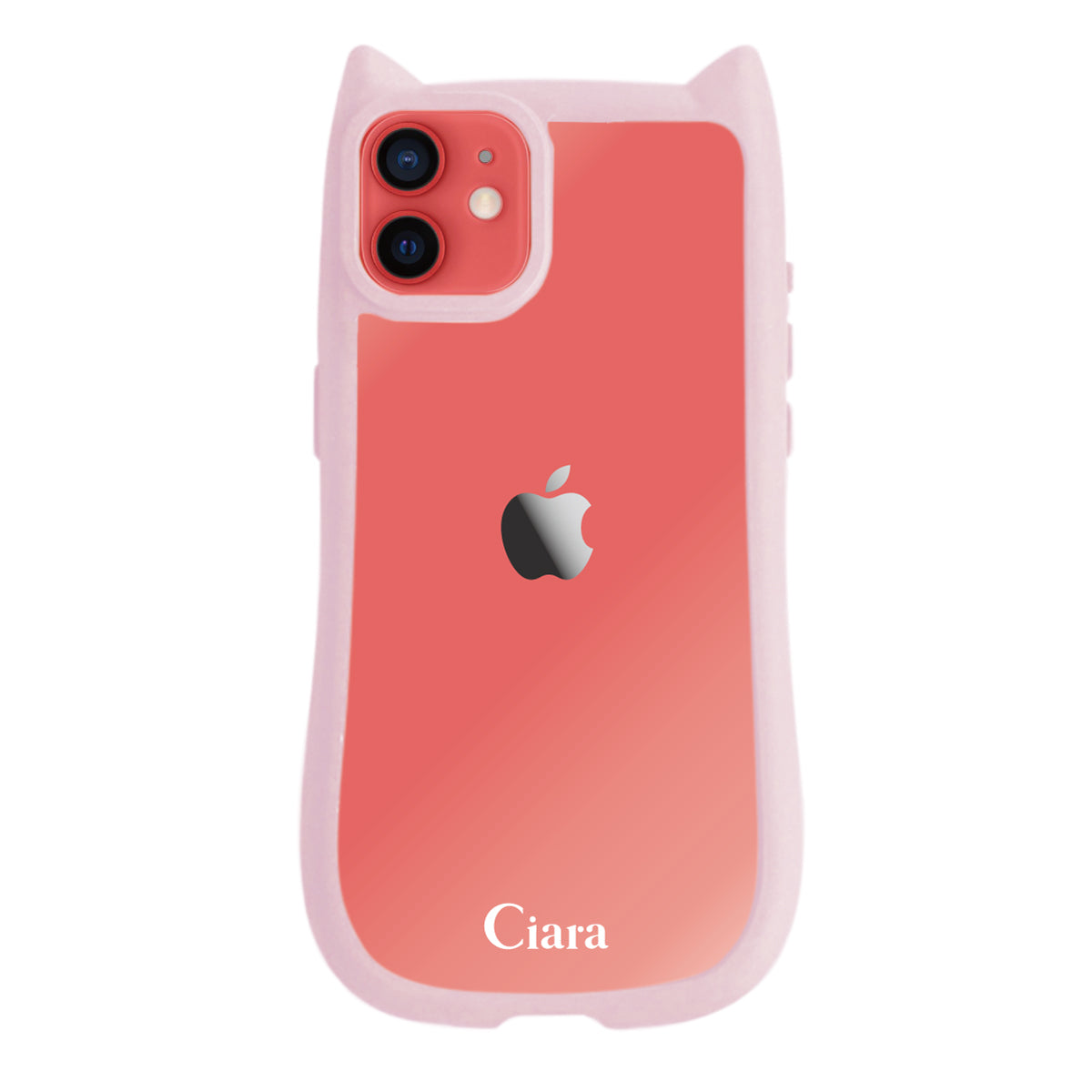 iPhone11 ネコミミグリップ 耐衝撃クリアケース ロゴ ピンク