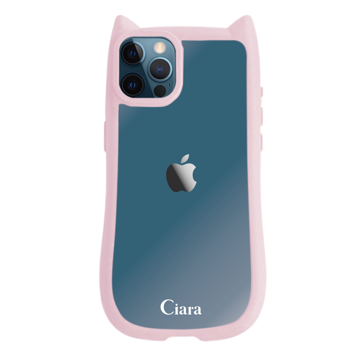 iPhone12ProMax ネコミミグリップ 耐衝撃クリアケース ロゴ ピンク