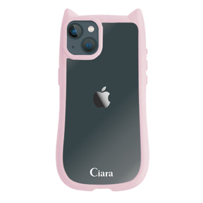 iPhone13mini ネコミミグリップ 耐衝撃クリアケース ロゴ ピンク