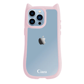 iPhone13ProMax ネコミミグリップ 耐衝撃クリアケース ロゴ ピンク