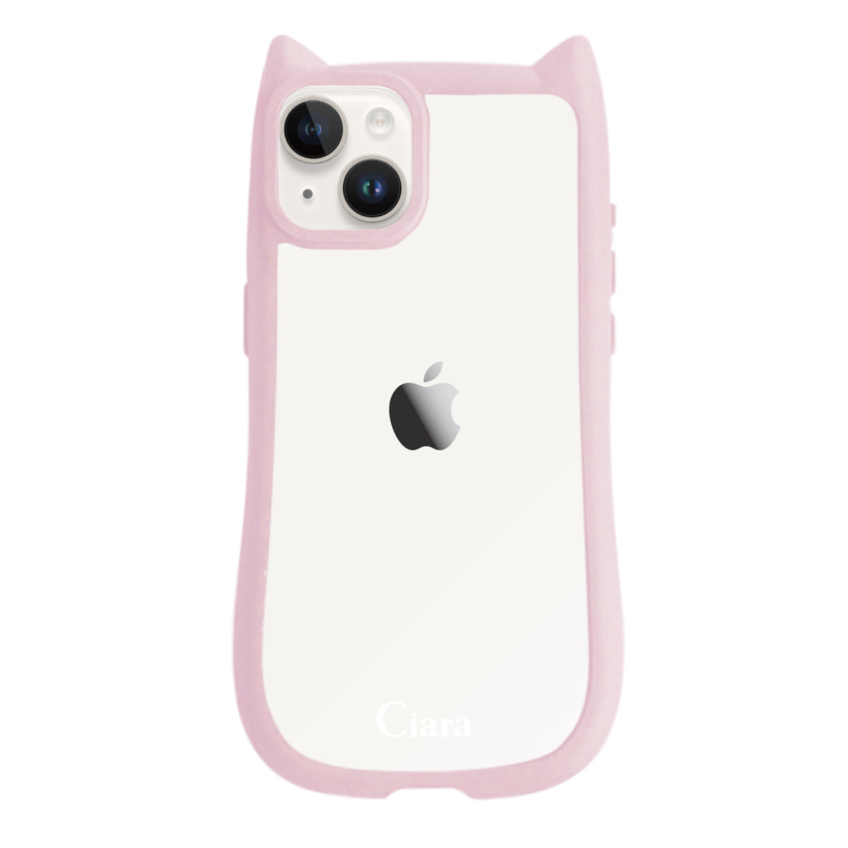 iPhone14/13 ネコミミグリップ 耐衝撃クリアケース ロゴ ピンク
