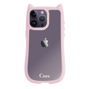 iPhone14ProMax ネコミミグリップ 耐衝撃クリアケース ロゴ ピンク