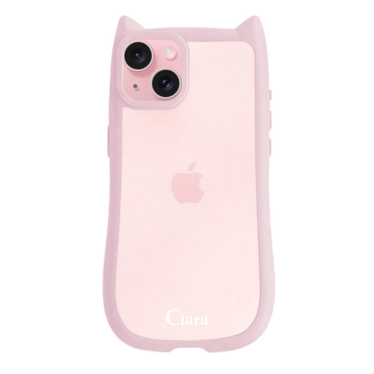 iPhone15 ネコミミグリップ 耐衝撃クリアケース ロゴ ピンク