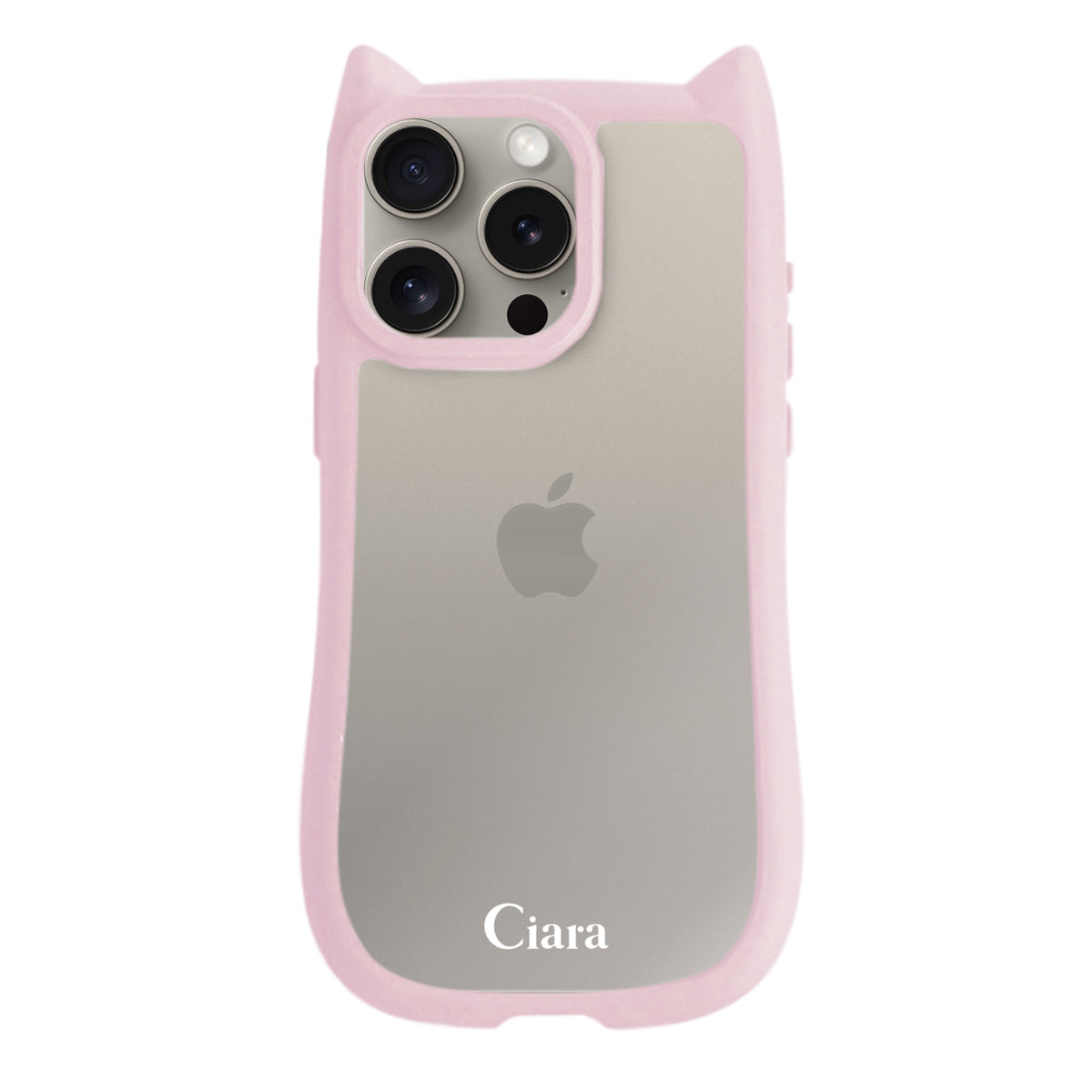 iPhone15Pro ネコミミグリップ 耐衝撃クリアケース ロゴ ピンク