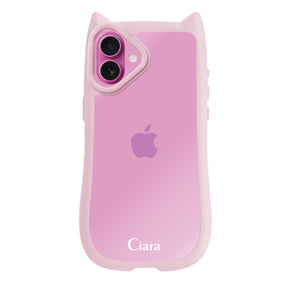 iPhone16Plus ネコミミグリップ 耐衝撃クリアケース ロゴ ピンク