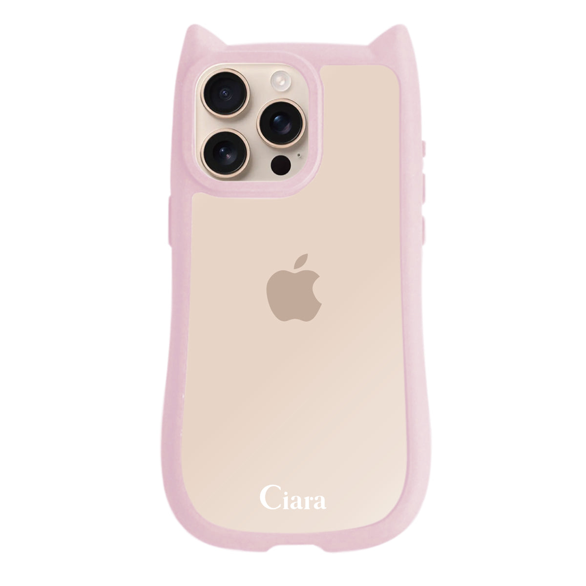 iPhone16Pro ネコミミグリップ 耐衝撃クリアケース ロゴ ピンク
