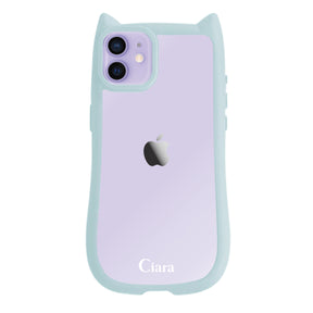 iPhone12/12Pro ネコミミグリップ 耐衝撃クリアケース ロゴ ブルー