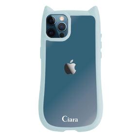 iPhone12ProMax ネコミミグリップ 耐衝撃クリアケース ロゴ ブルー