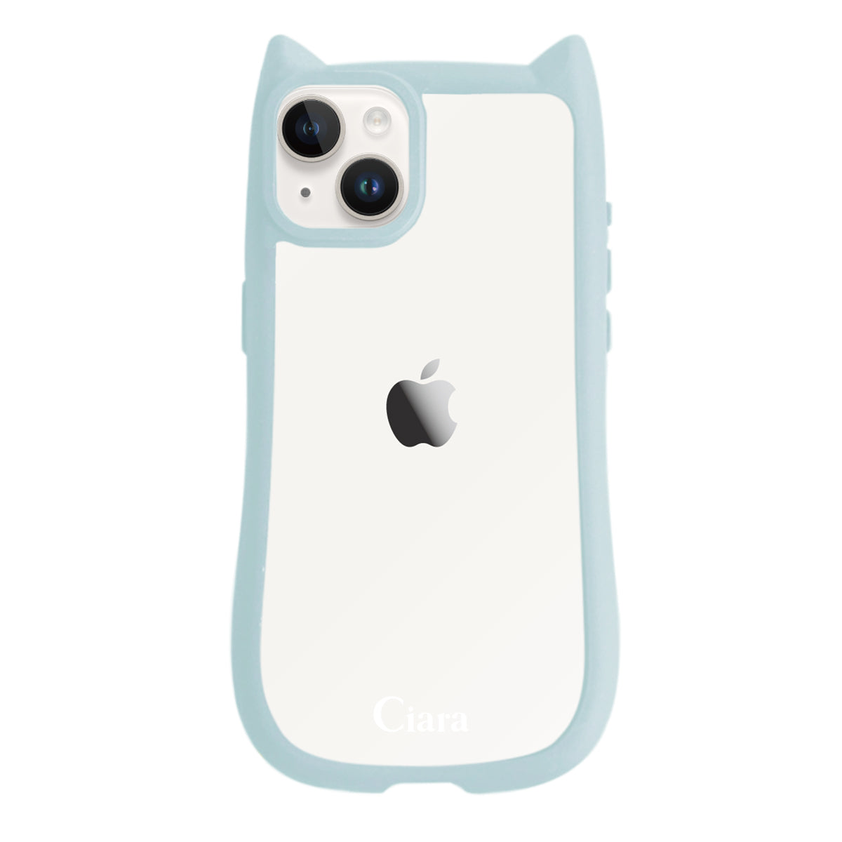 iPhone14/13 ネコミミグリップ 耐衝撃クリアケース ロゴ ブルー