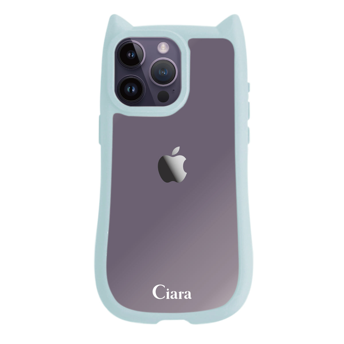 iPhone14ProMax ネコミミグリップ 耐衝撃クリアケース ロゴ ブルー