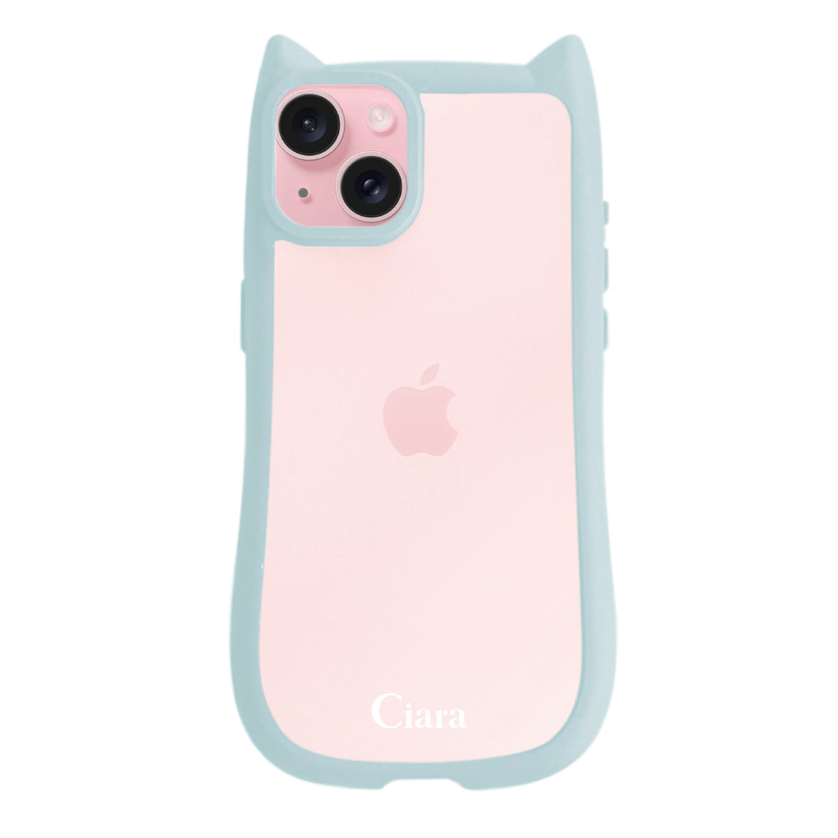 iPhone15 ネコミミグリップ 耐衝撃クリアケース ロゴ ブルー
