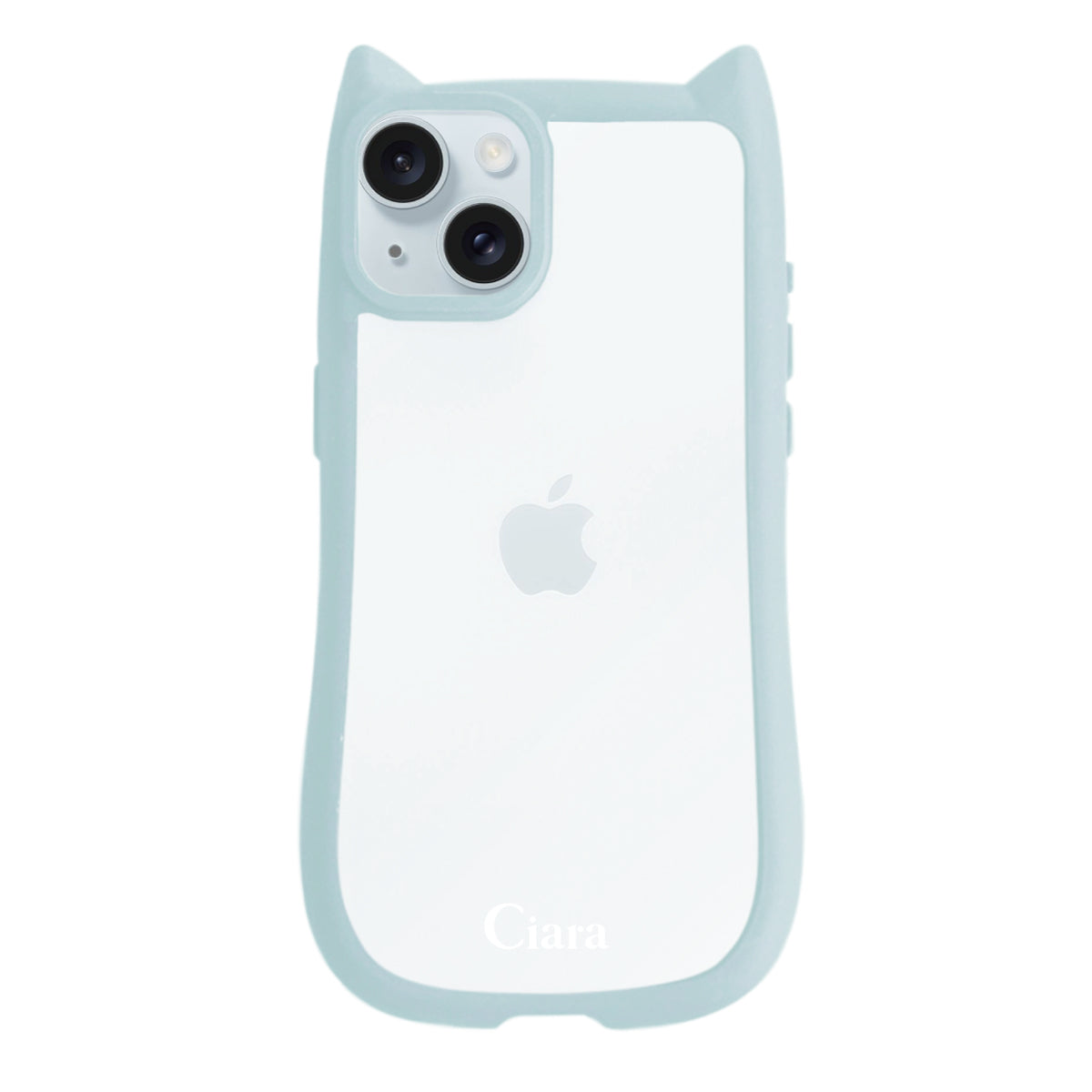 iPhone15Plus/14Plus ネコミミグリップ 耐衝撃クリアケース ロゴ ブルー