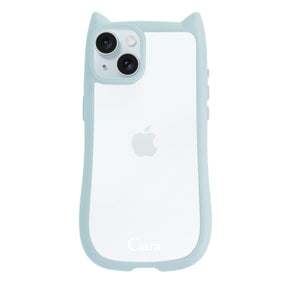 iPhone15Plus/14Plus ネコミミグリップ 耐衝撃クリアケース ロゴ ブルー