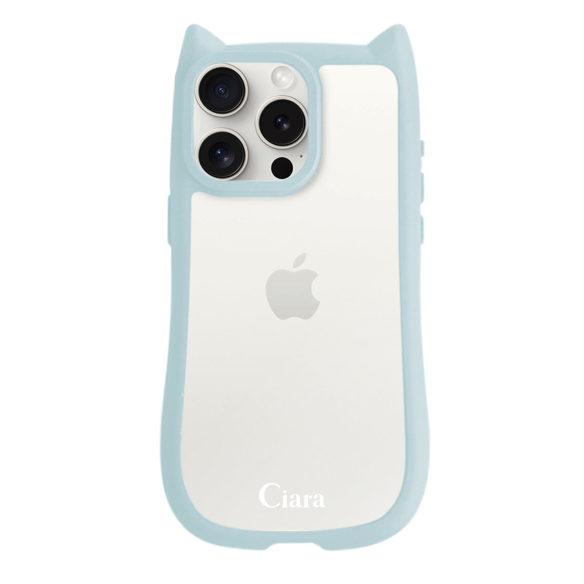 iPhone15ProMax ネコミミグリップ 耐衝撃クリアケース ロゴ ブルー