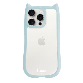 iPhone15ProMax ネコミミグリップ 耐衝撃クリアケース ロゴ ブルー