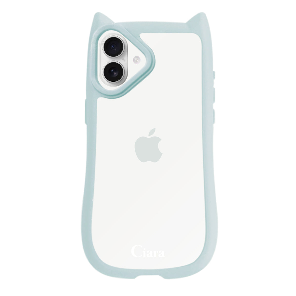 iPhone16 ネコミミグリップ 耐衝撃クリアケース ロゴ ブルー