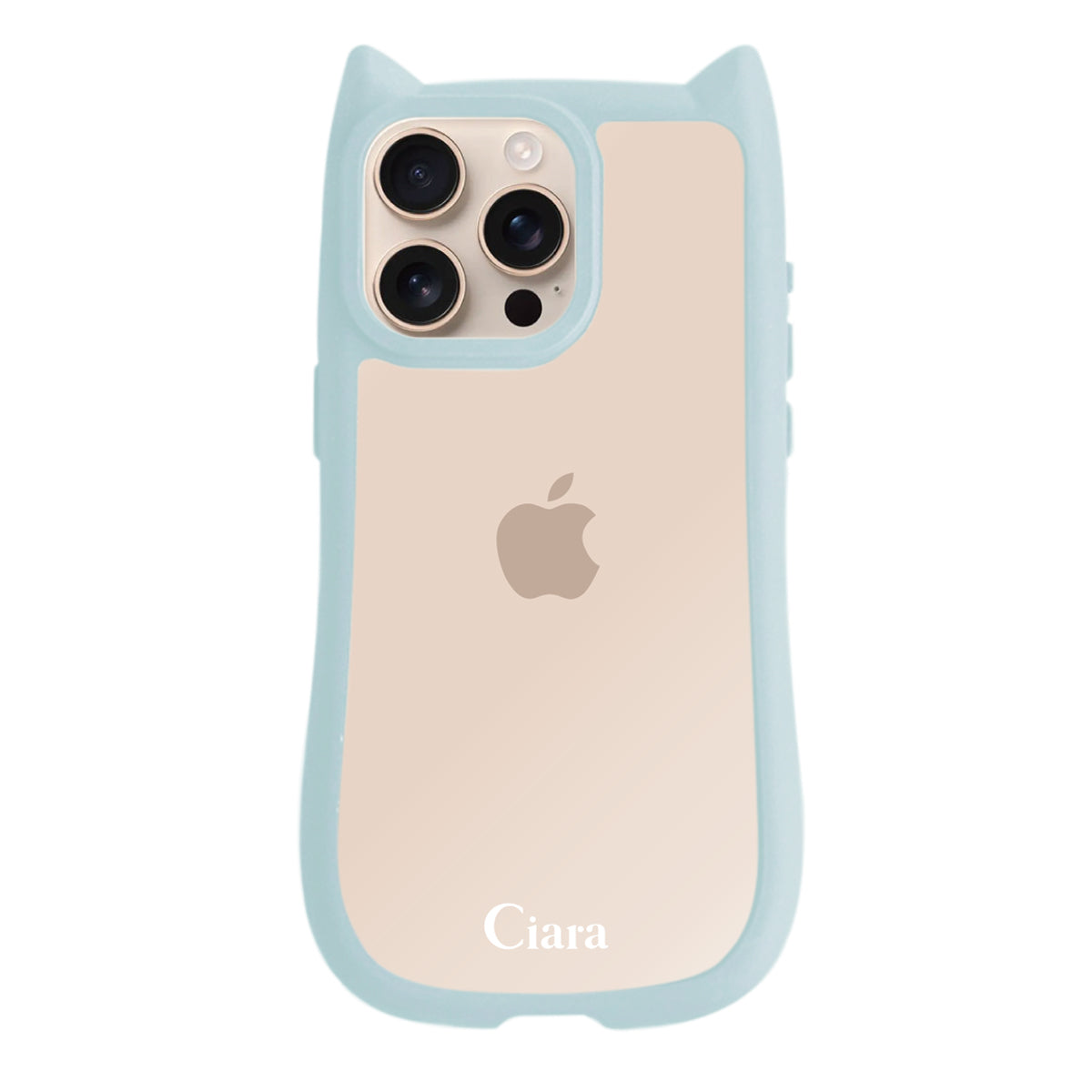 iPhone16Pro ネコミミグリップ 耐衝撃クリアケース ロゴ ブルー