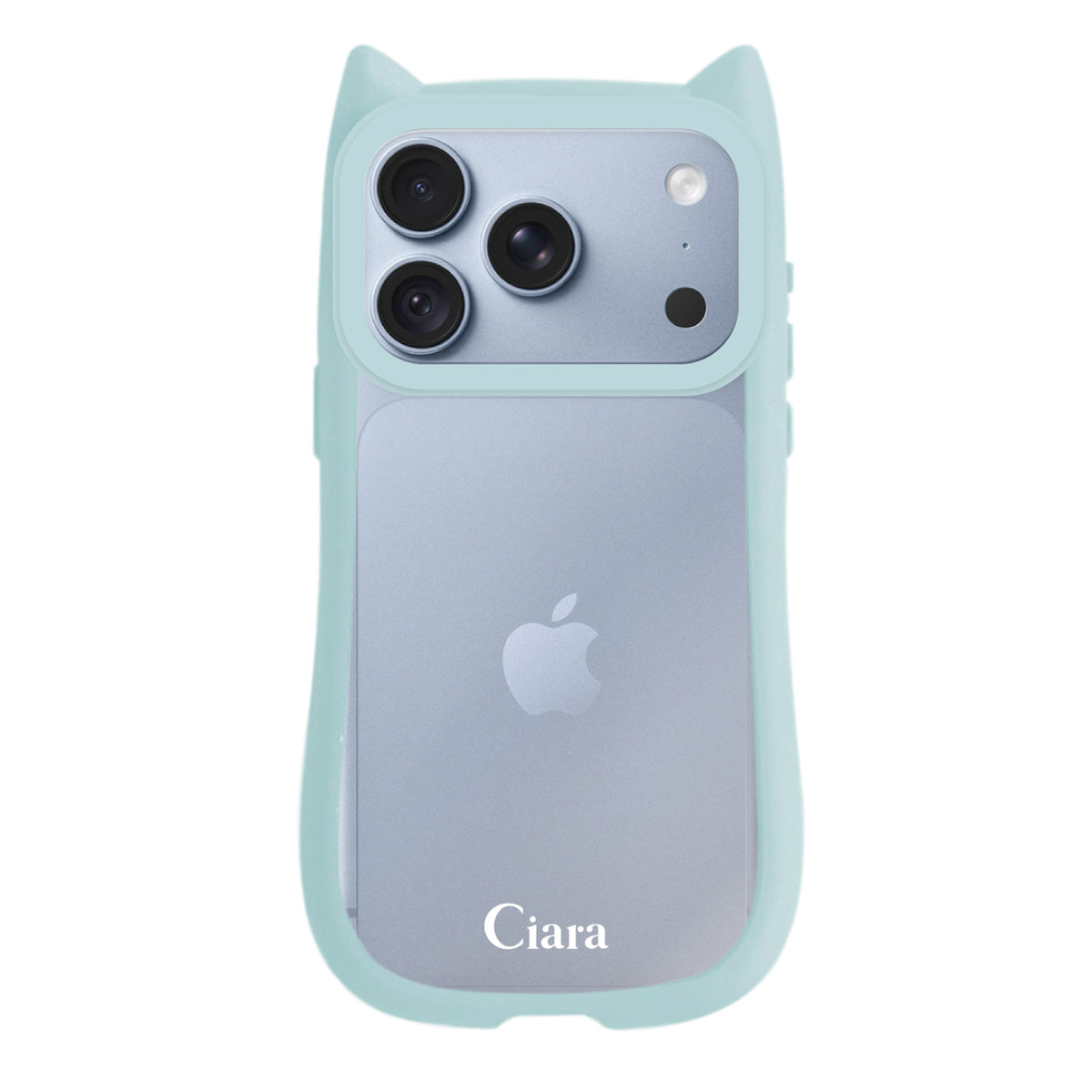 iPhone18Pro/17Pro ネコミミグリップ 耐衝撃クリアケース ロゴ ブルー