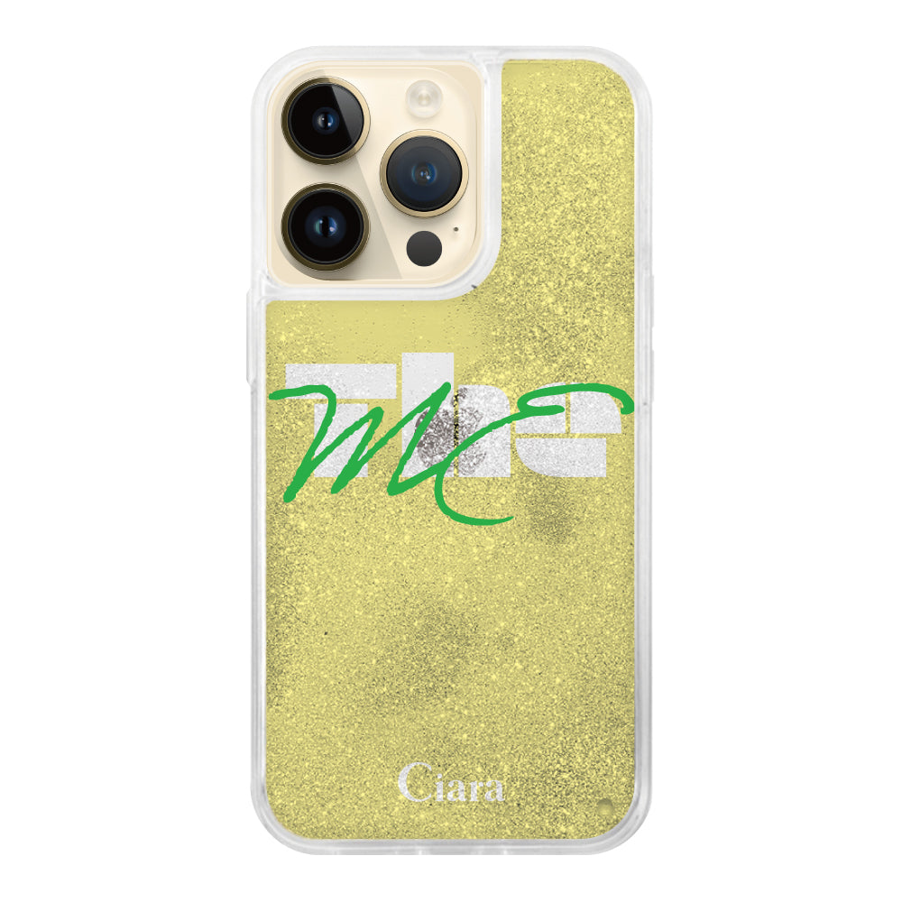 iPhone14Proケース グリッター オイルクリアケース テーマ イエロー