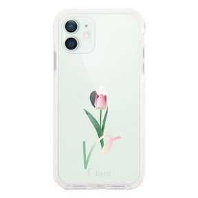 iPhone12mini クッションバンパー 耐衝撃クリアケース チューリップ ピンク