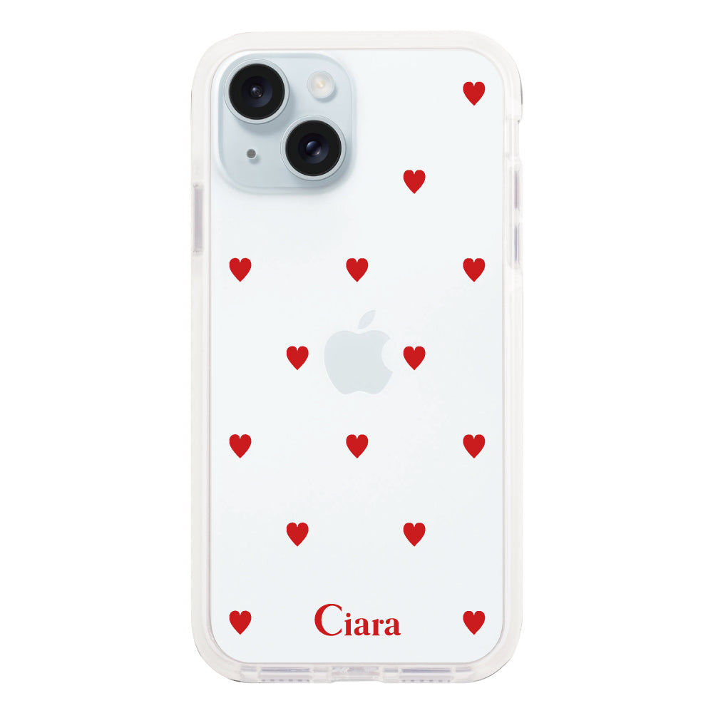 iPhone15Plus クッションバンパー 耐衝撃クリアケース カラーハート レッド