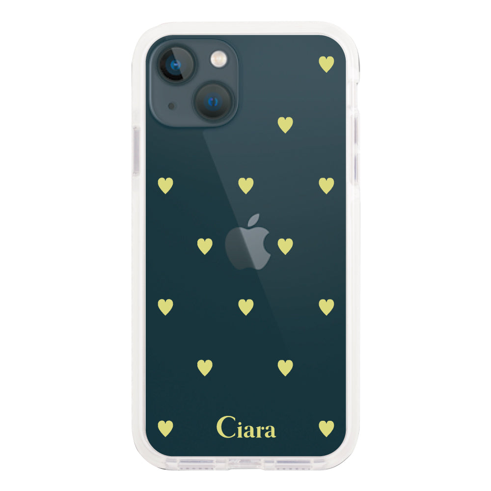 iPhone13mini クッションバンパー 耐衝撃クリアケース カラーハート イエロー