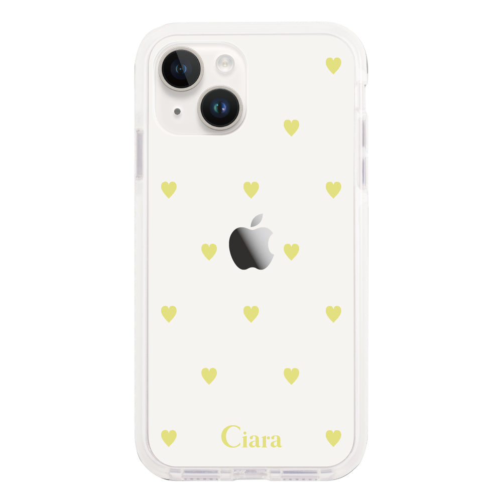 iPhone14 クッションバンパー 耐衝撃クリアケース カラーハート イエロー