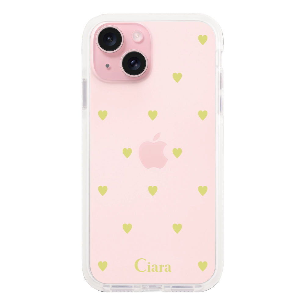 iPhone15 クッションバンパー 耐衝撃クリアケース カラーハート イエロー