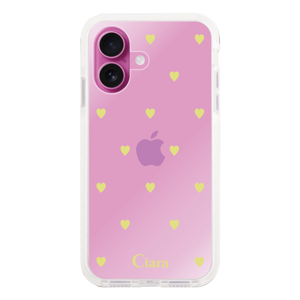 iPhone16Plus クッションバンパー 耐衝撃クリアケース カラーハート イエロー