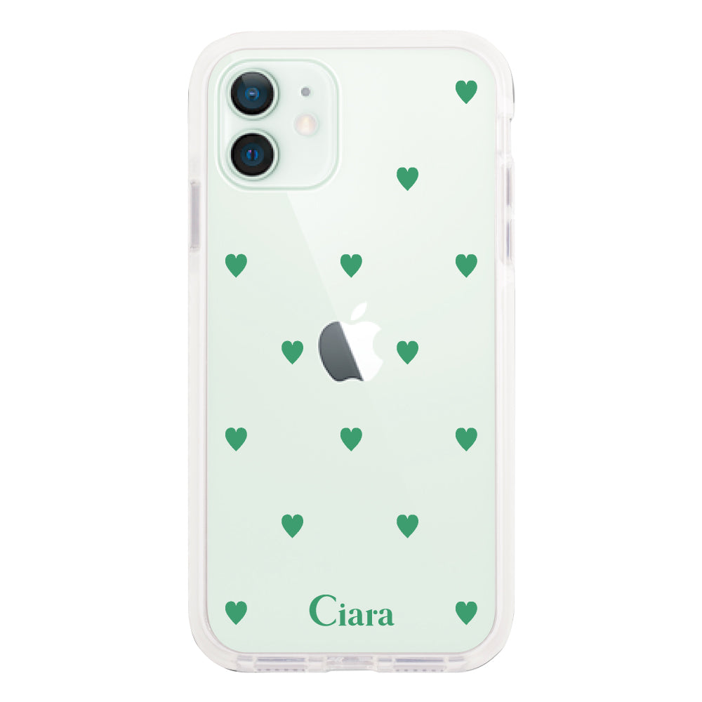 iPhone12mini クッションバンパー 耐衝撃クリアケース カラーハート グリーン