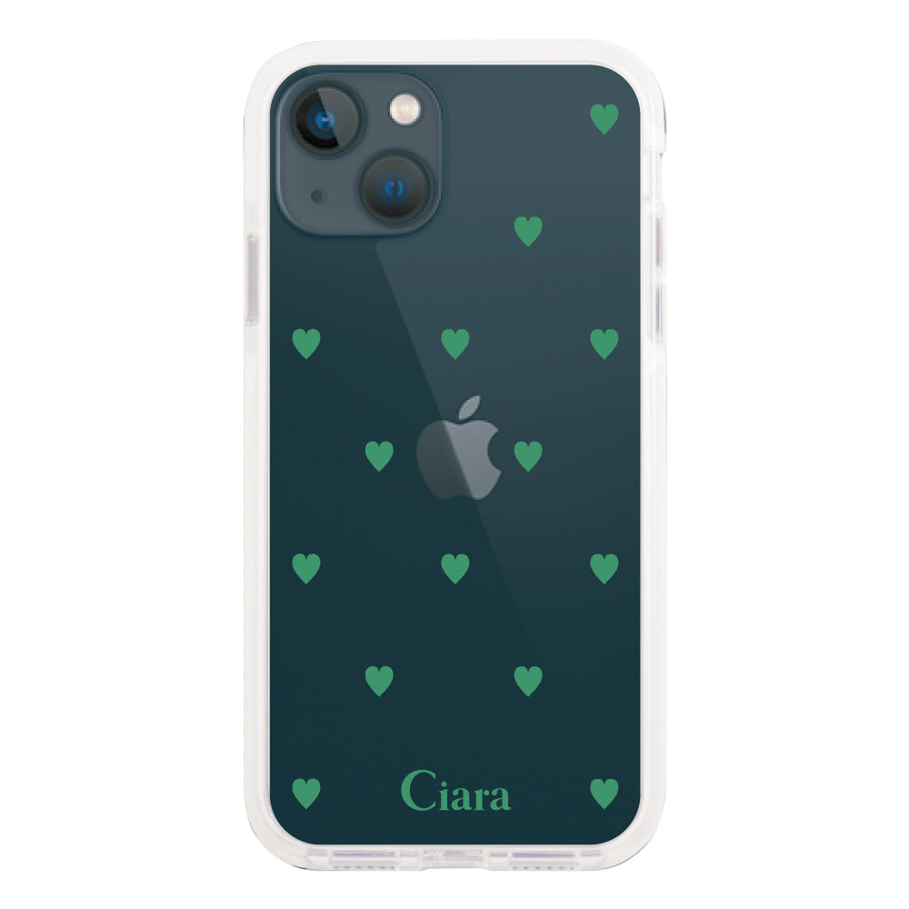 iPhone13mini クッションバンパー 耐衝撃クリアケース カラーハート グリーン