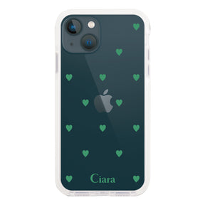iPhone13mini クッションバンパー 耐衝撃クリアケース カラーハート グリーン