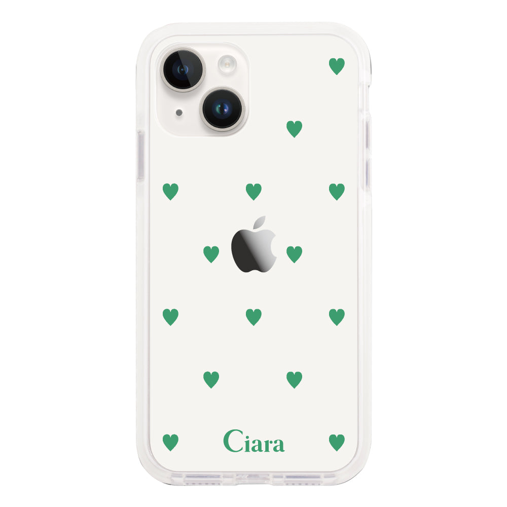 iPhone14 クッションバンパー 耐衝撃クリアケース カラーハート グリーン