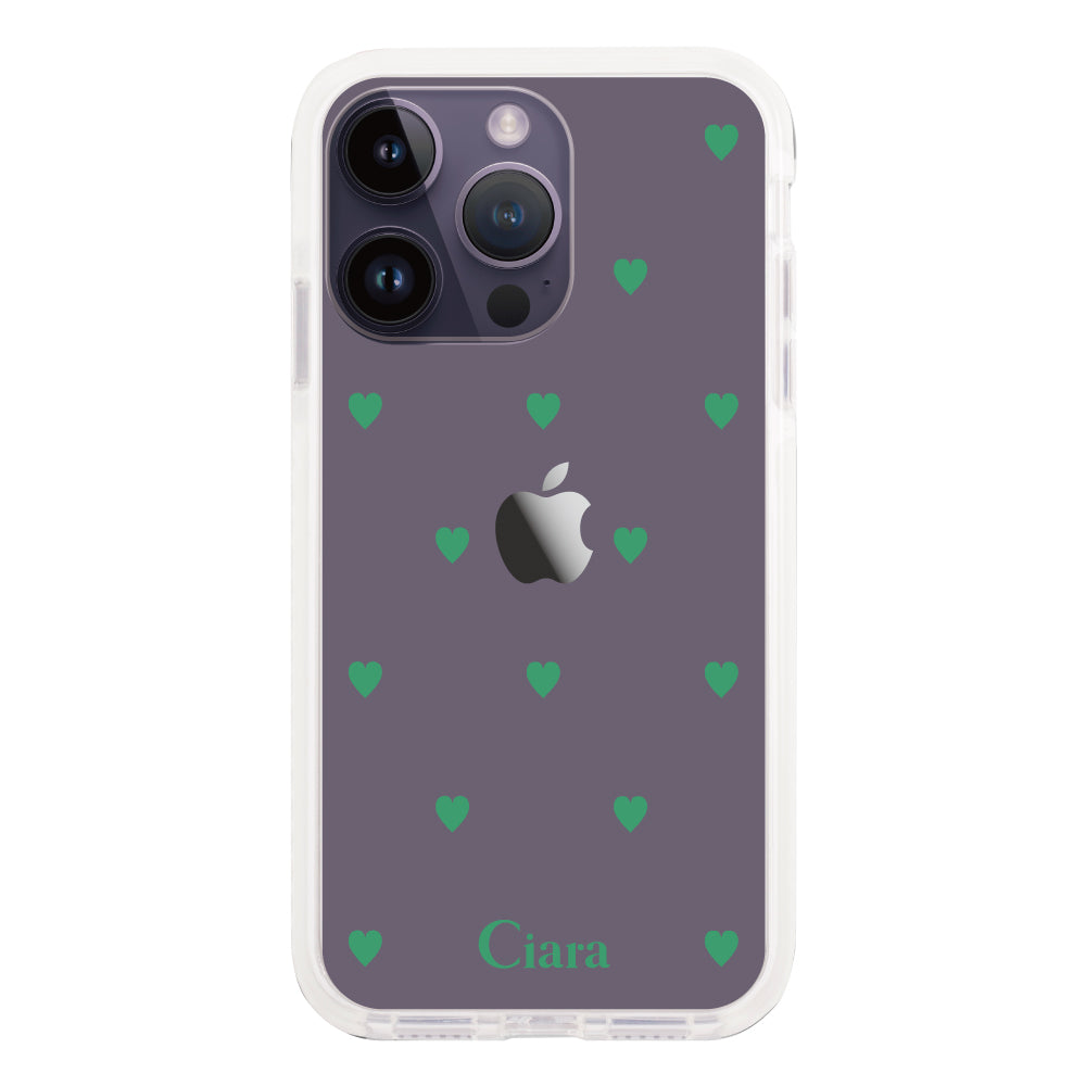 iPhone14ProMax クッションバンパー 耐衝撃クリアケース カラーハート グリーン