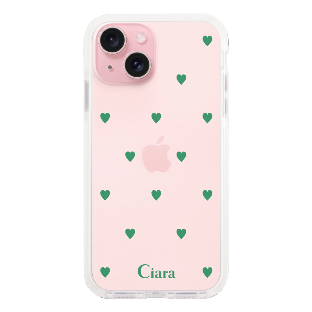 iPhone15 クッションバンパー 耐衝撃クリアケース カラーハート グリーン