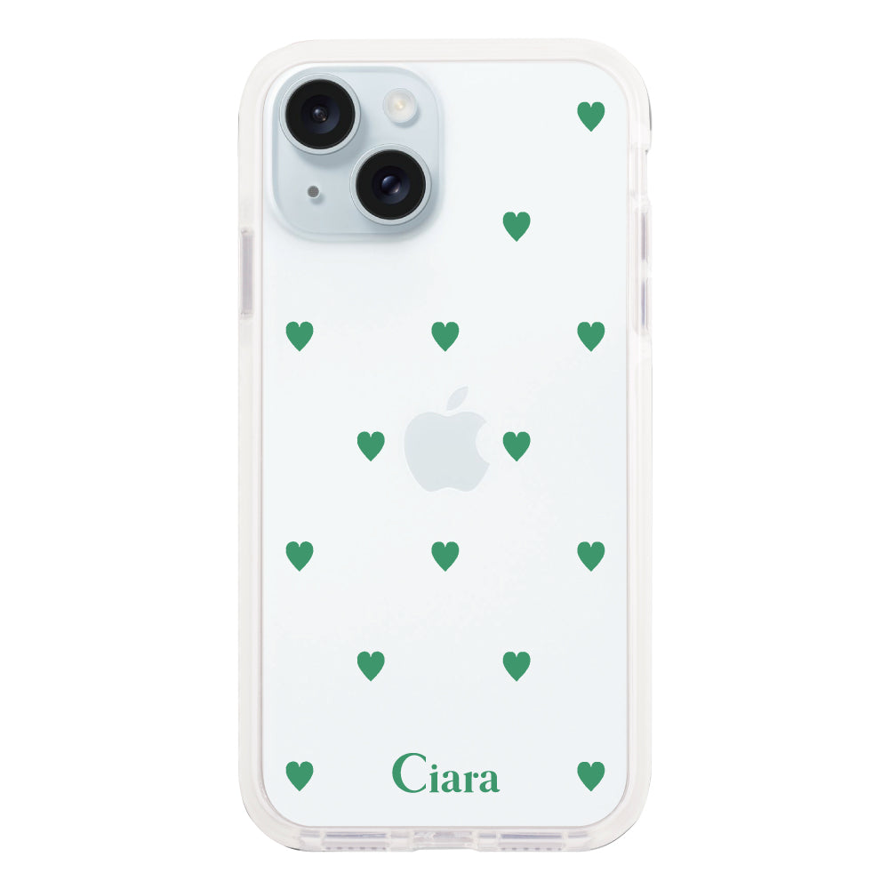 iPhone15Plus クッションバンパー 耐衝撃クリアケース カラーハート グリーン