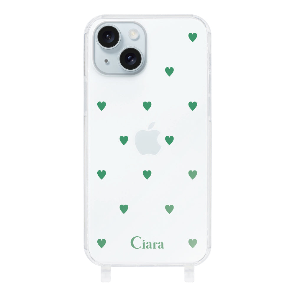 iPhone15Plusケース ストラップクリアケース カラーハート グリーン