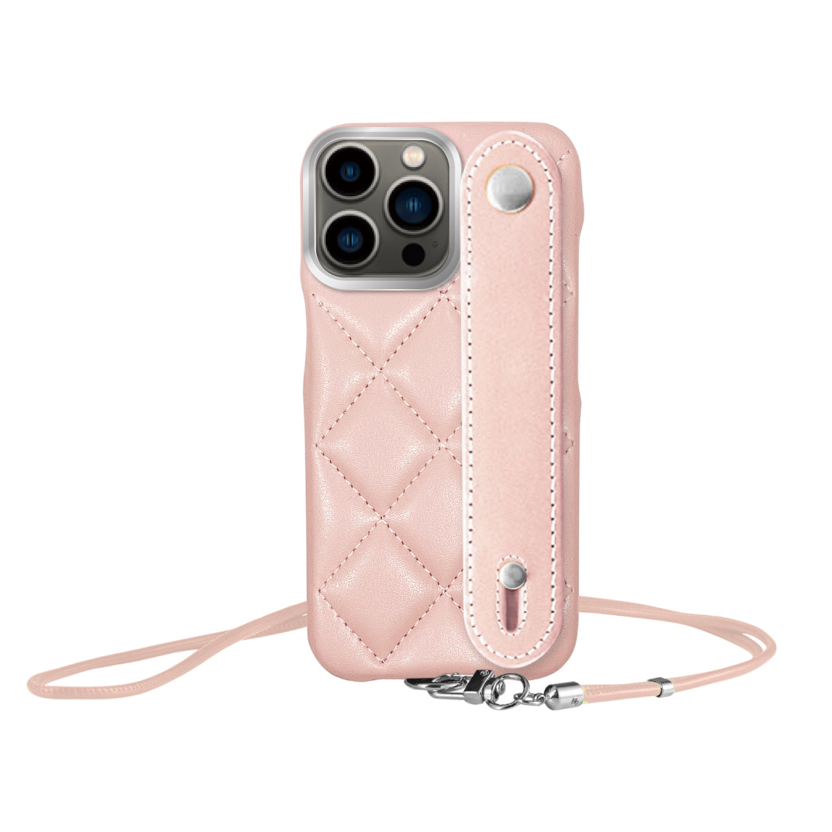 iPhone13Pro バンドキルティングPUレザーストラップ プティ ピンク/シルバー
