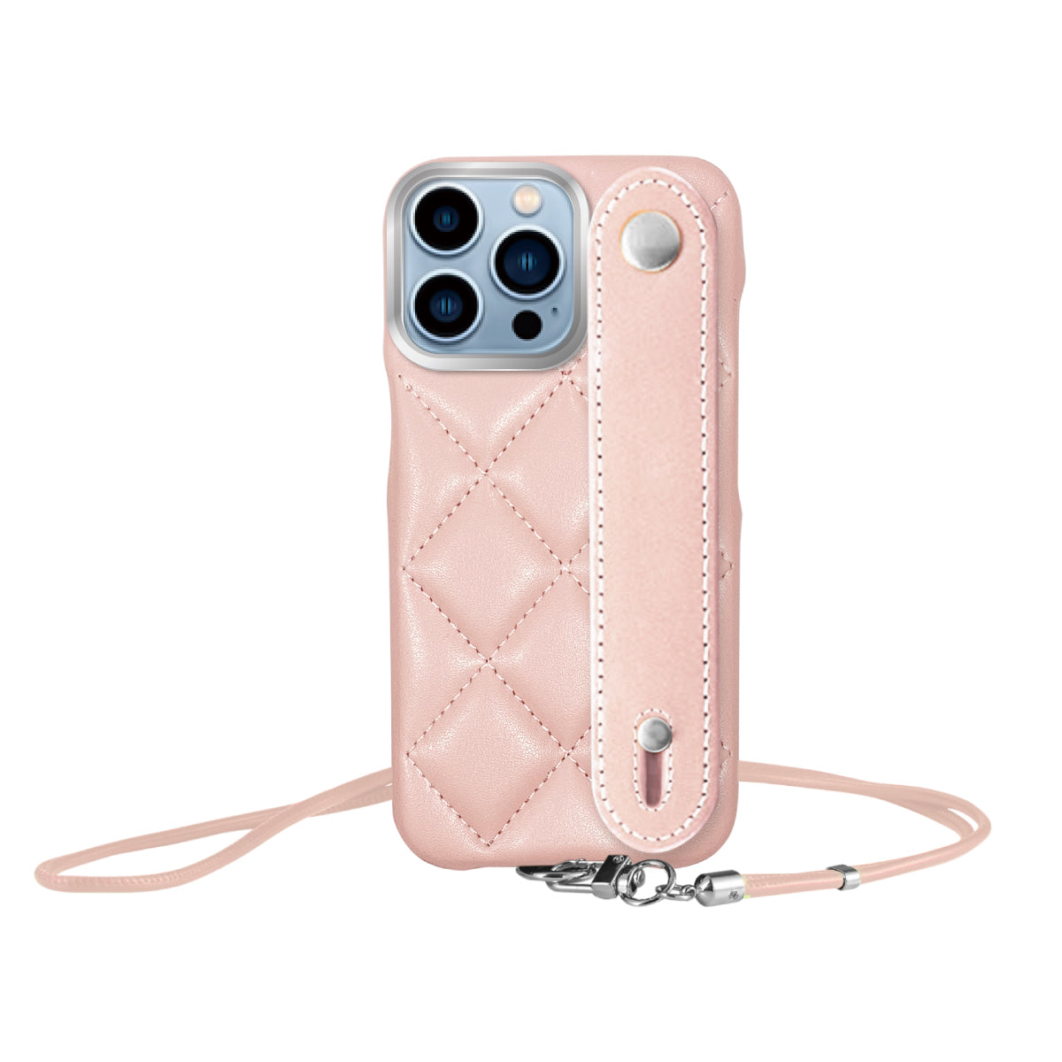 iPhone13ProMax バンドキルティングPUレザーストラップ プティ ピンク/シルバー