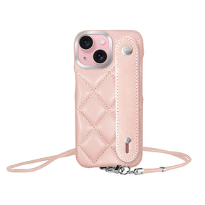 iPhone15 バンドキルティングPUレザーストラップ プティ ピンク/シルバー