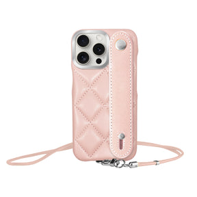 iPhone15ProMax バンドキルティングPUレザーストラップ プティ ピンク/シルバー